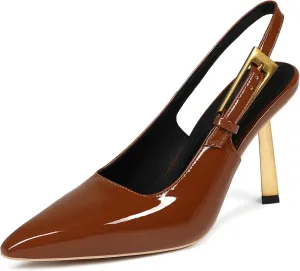 Women's Slingback Stiletto High Heels Square Toe with Metal Buckle Strap Slip On Pumps Backless Patent Leather Fashion Dress Shoes Wedding Party