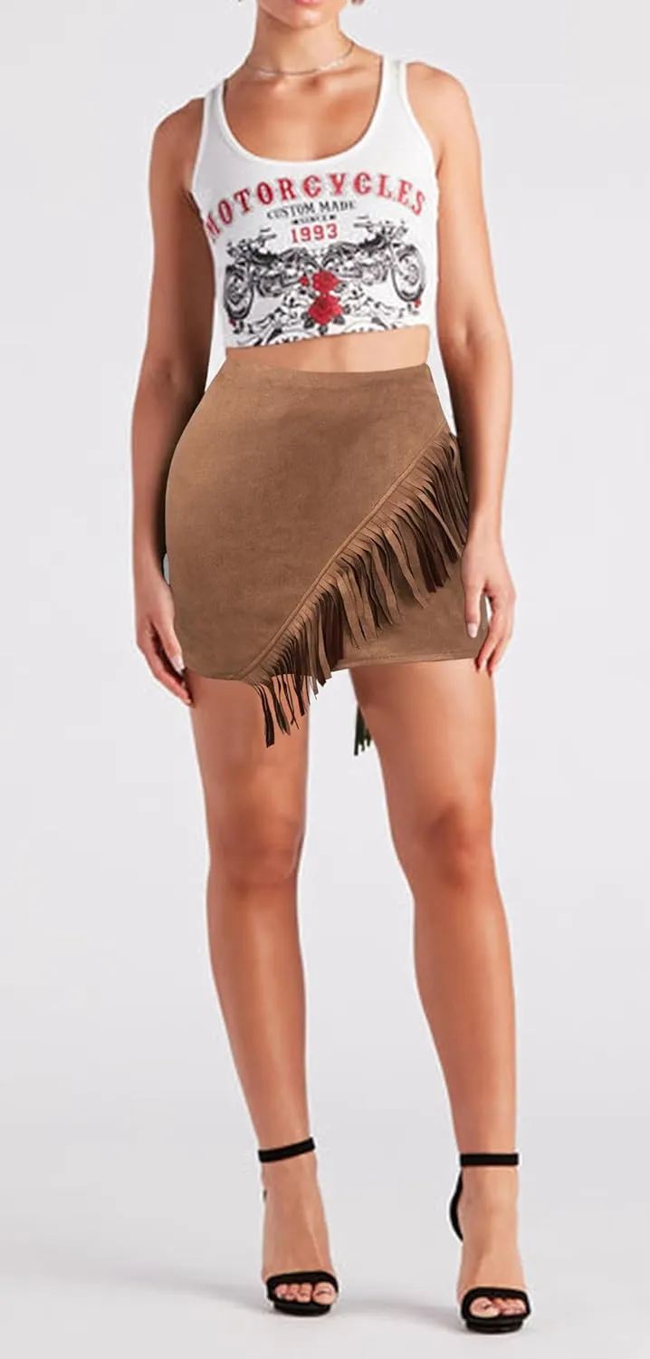 Women's Suede Skirt High-Rise Waist Cowgirl-Chic Fringe Stretch Bodycon Mini Skirts