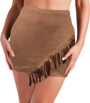 Women's Suede Skirt High-Rise Waist Cowgirl-Chic Fringe Stretch Bodycon Mini Skirts
