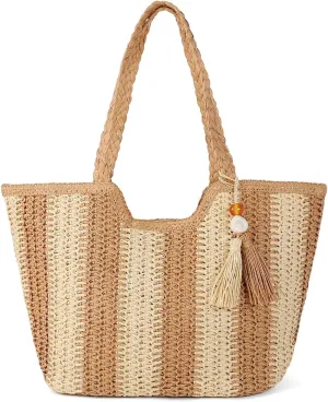 Women's Tassel Straw Beach Tote Bag - Large Summer Woven Zipper Bags with Pom