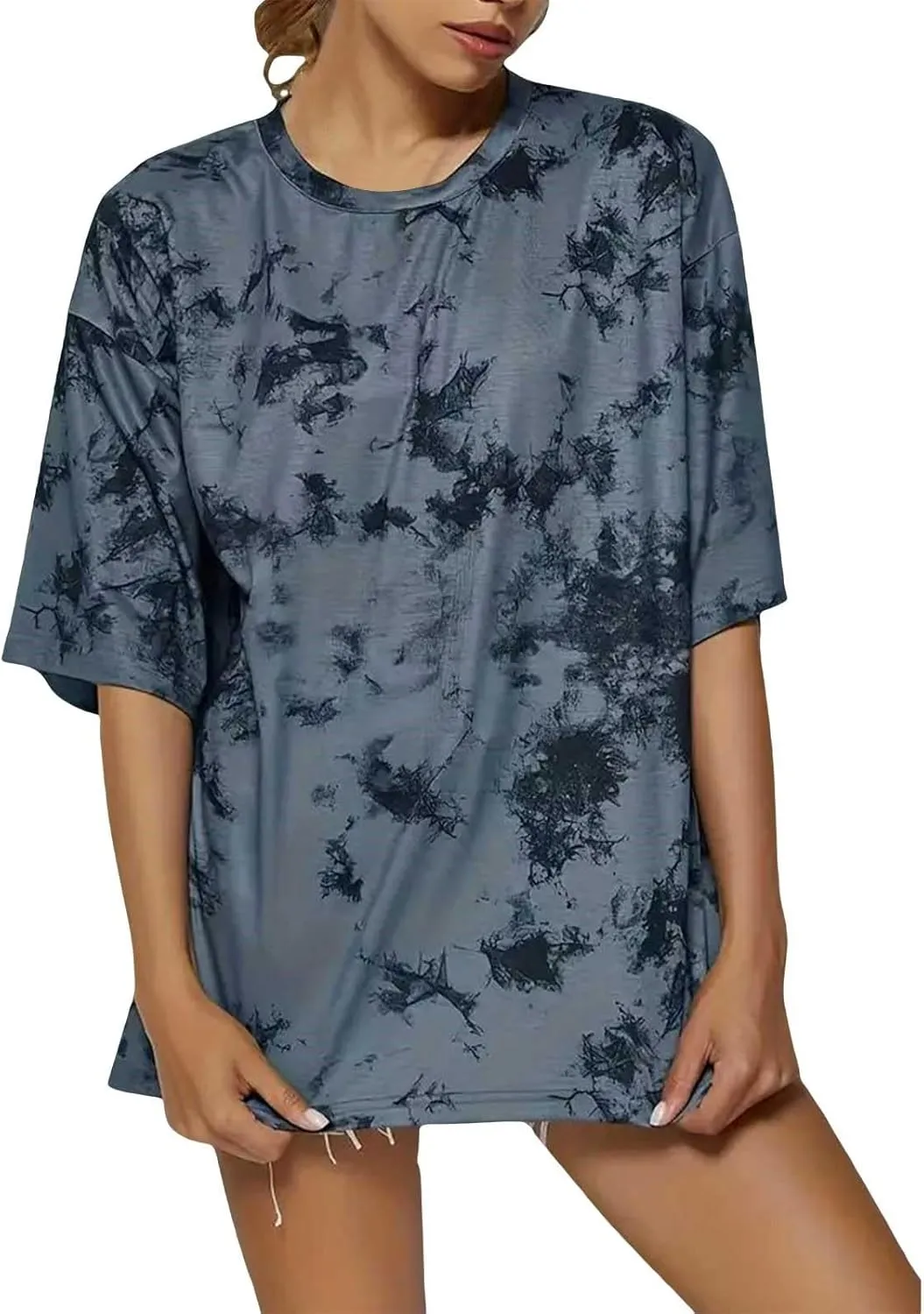 Women's Tie-Dye Fashion Y2K Oversized Tees Casual Short Sleeve Crew Neck Shirts Boyfriend Drop Shoulder Loose Fit Summer Tops