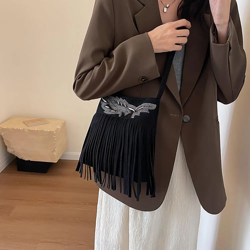 Women’s Vintage Fringe Tassel Bucket Bag, Faux Suede Hobo Hippie Crossbody Bag, Western Cowgirl Purse Fashion Shoulder Tote