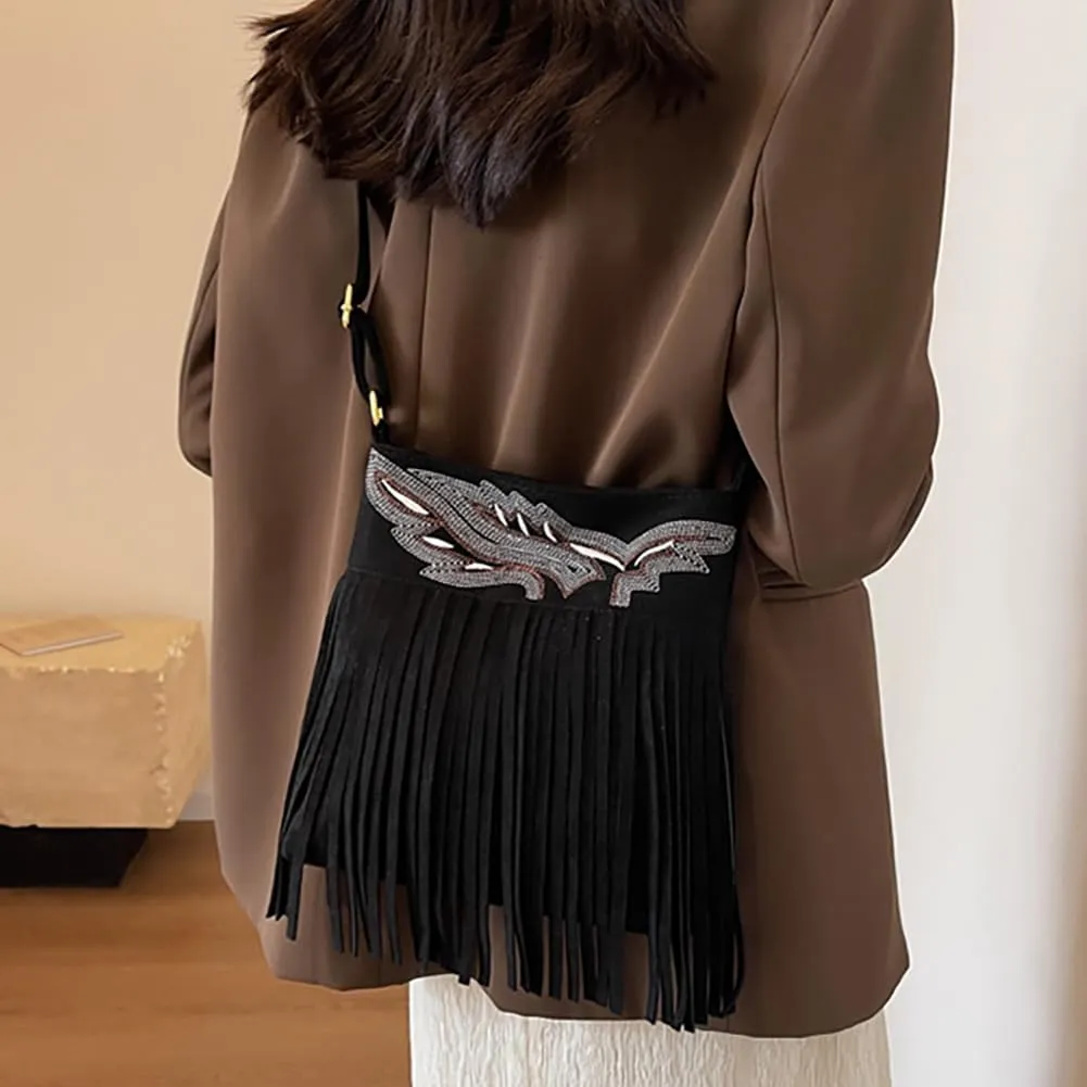 Women’s Vintage Fringe Tassel Bucket Bag, Faux Suede Hobo Hippie Crossbody Bag, Western Cowgirl Purse Fashion Shoulder Tote