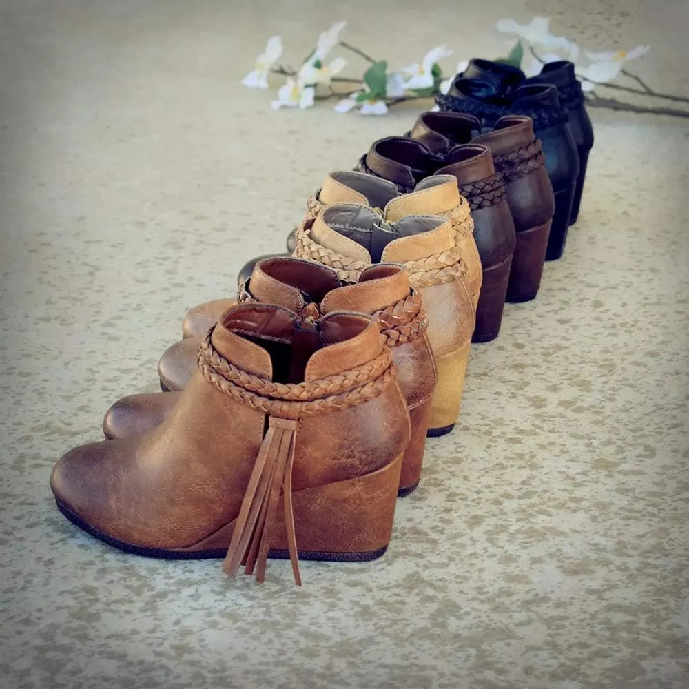 Womens Wedge Ankle Boots Braided Fringe Strap Western Heeled Fall Booties Dress Shoes