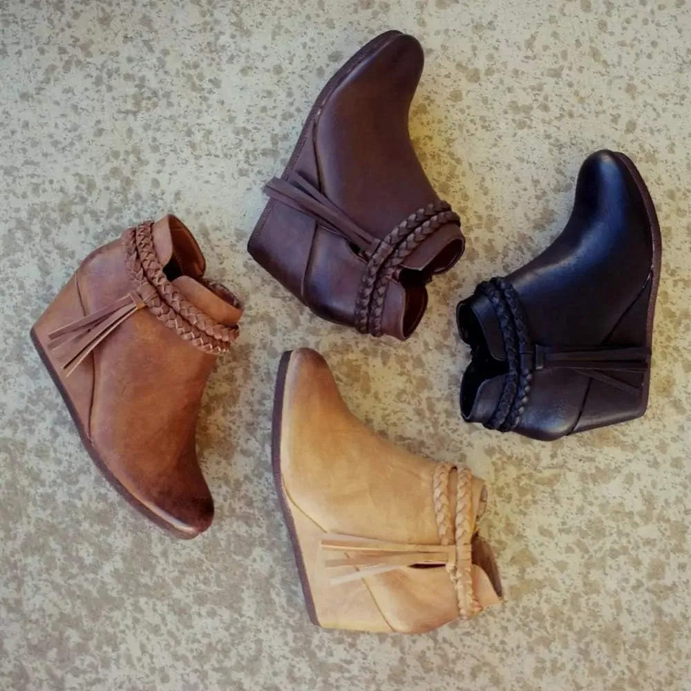 Womens Wedge Ankle Boots Braided Fringe Strap Western Heeled Fall Booties Dress Shoes