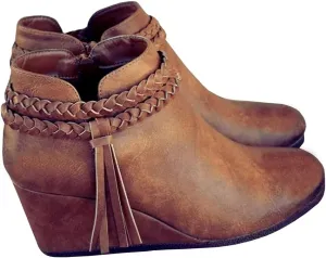 Womens Wedge Ankle Boots Braided Fringe Strap Western Heeled Fall Booties Dress Shoes
