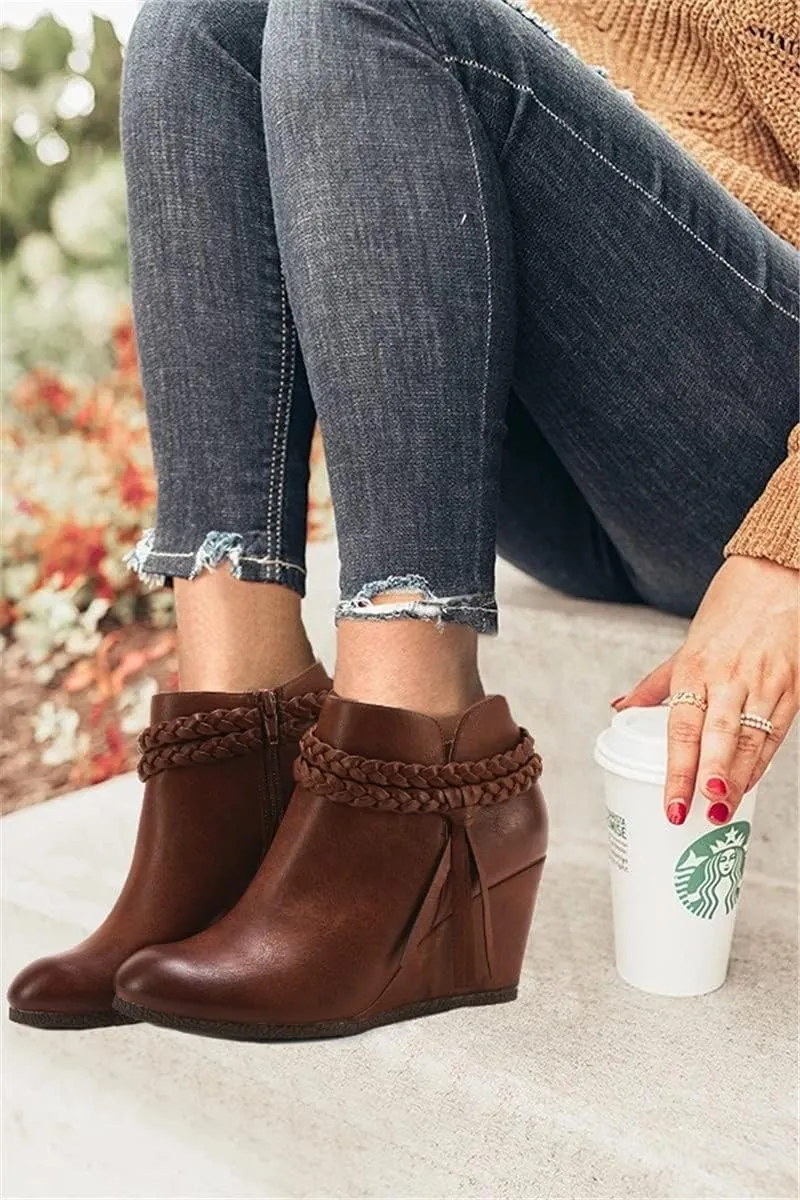 Womens Wedge Ankle Boots Braided Fringe Strap Western Heeled Fall Booties Dress Shoes
