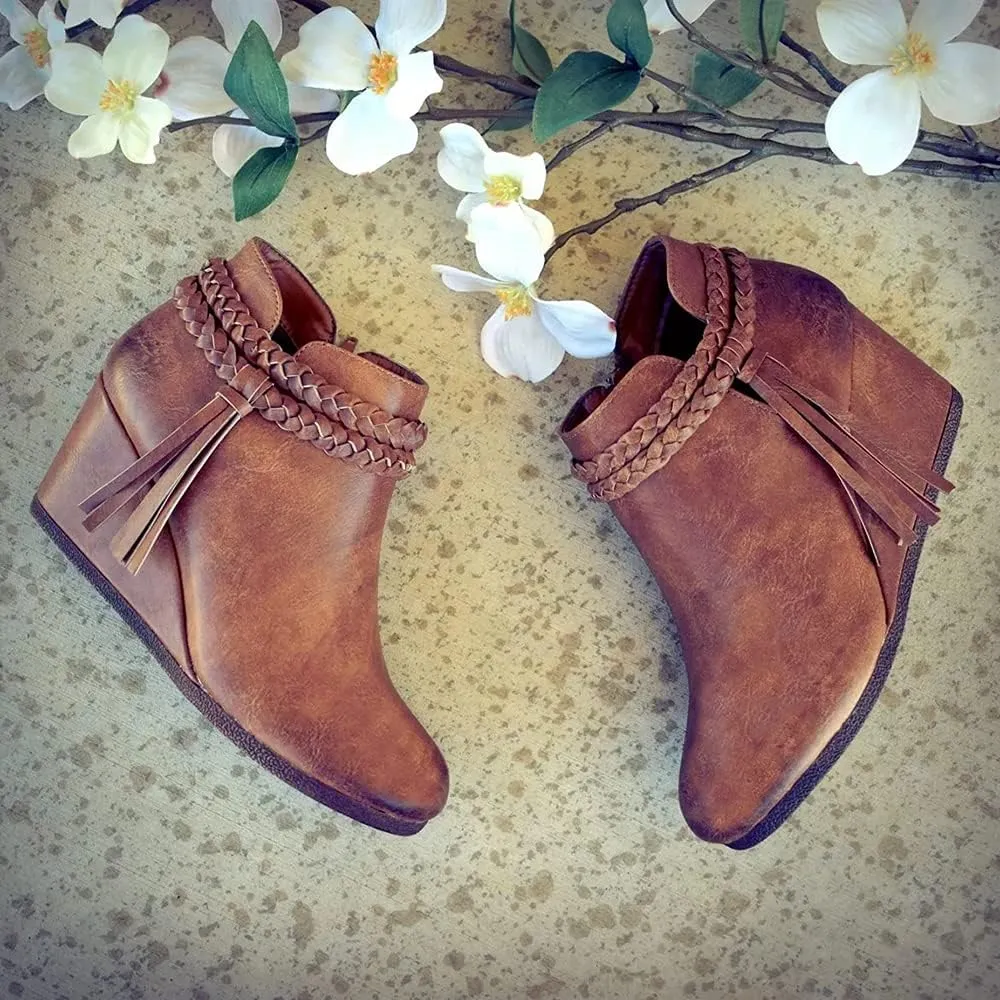 Womens Wedge Ankle Boots Braided Fringe Strap Western Heeled Fall Booties Dress Shoes