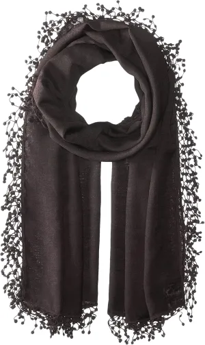 womens Wool-silk Blend Scarf With Lace Pom Fringe
