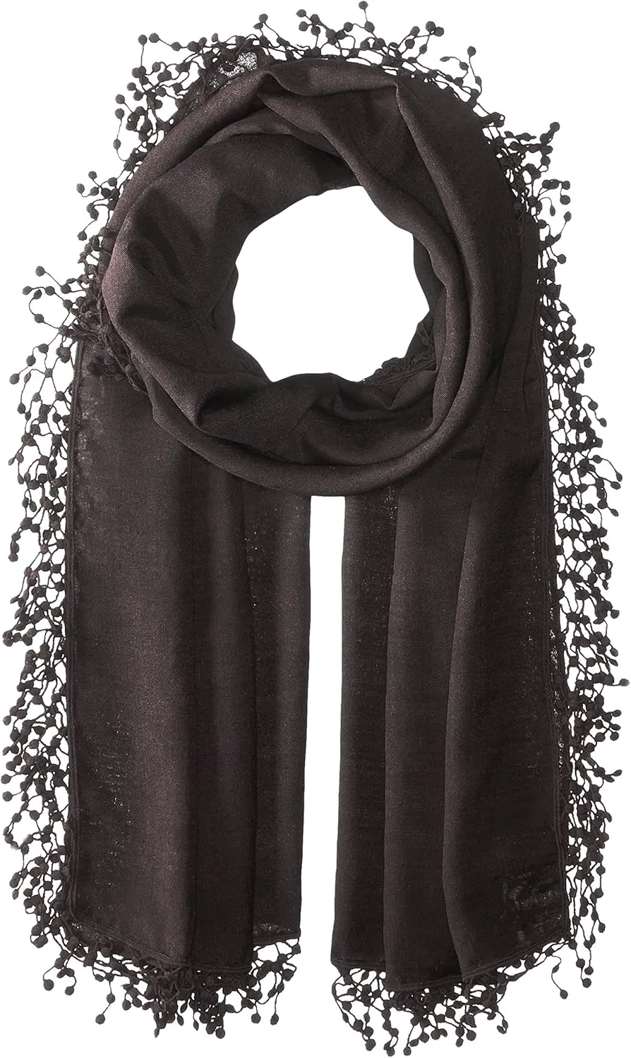 womens Wool-silk Blend Scarf With Lace Pom Fringe