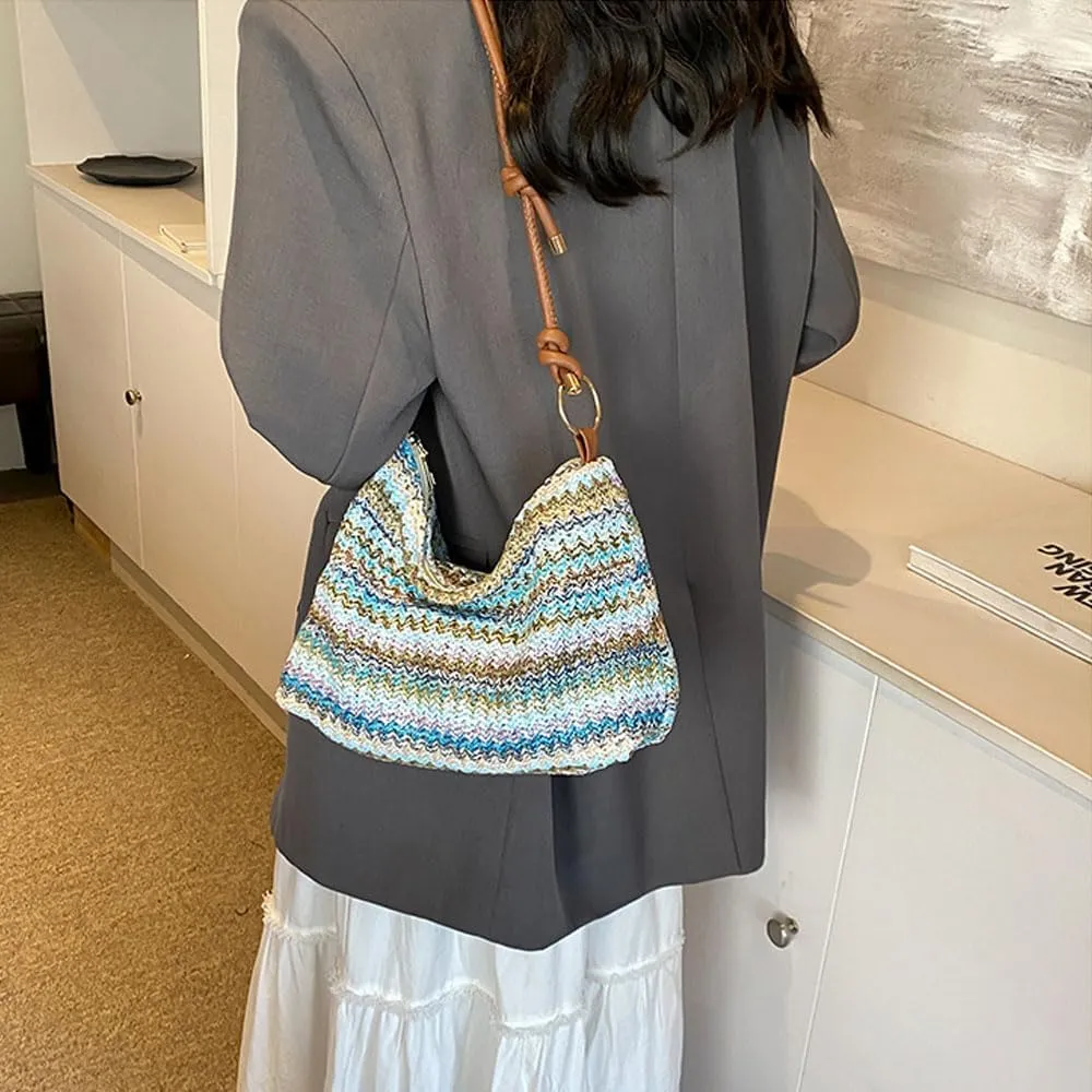 Women's Woven Beach Shoulder Handbag Colorful Straw Tote Bag Summer Vacation Crossbody Bag