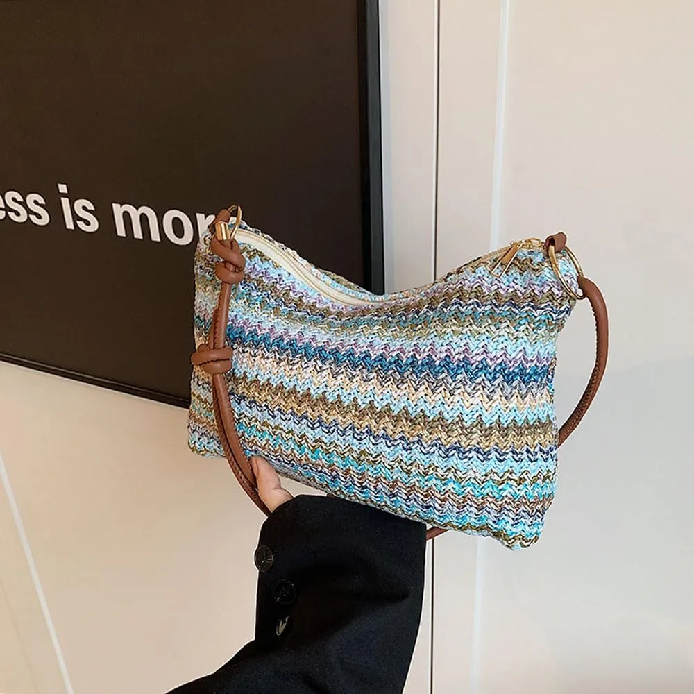 Women's Woven Beach Shoulder Handbag Colorful Straw Tote Bag Summer Vacation Crossbody Bag