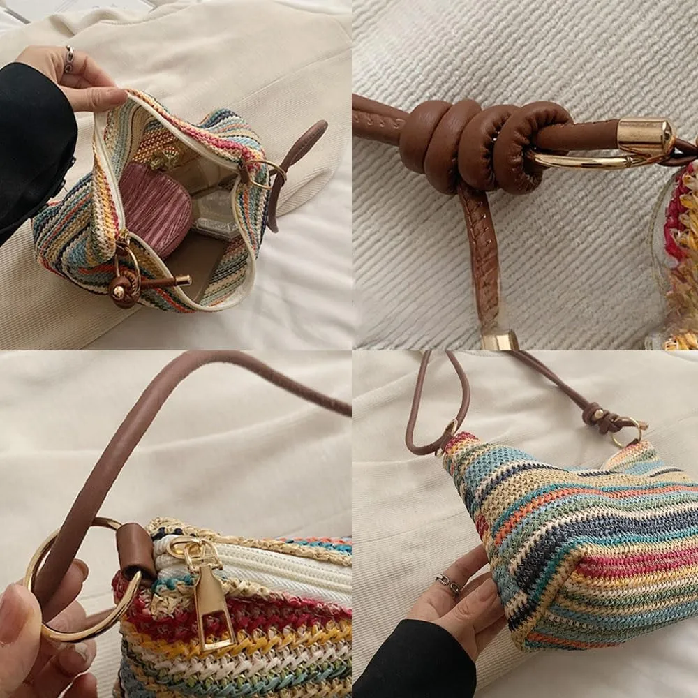 Women's Woven Beach Shoulder Handbag Colorful Straw Tote Bag Summer Vacation Crossbody Bag