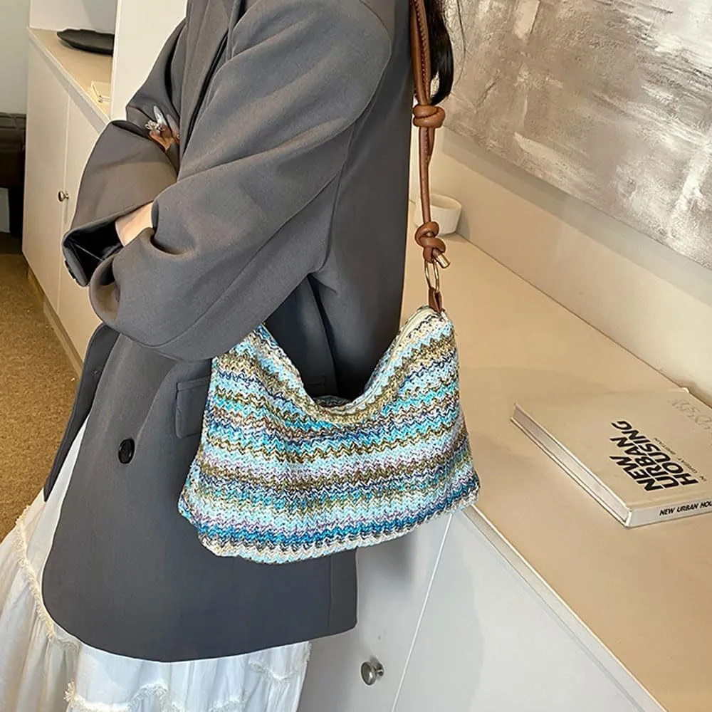 Women's Woven Beach Shoulder Handbag Colorful Straw Tote Bag Summer Vacation Crossbody Bag
