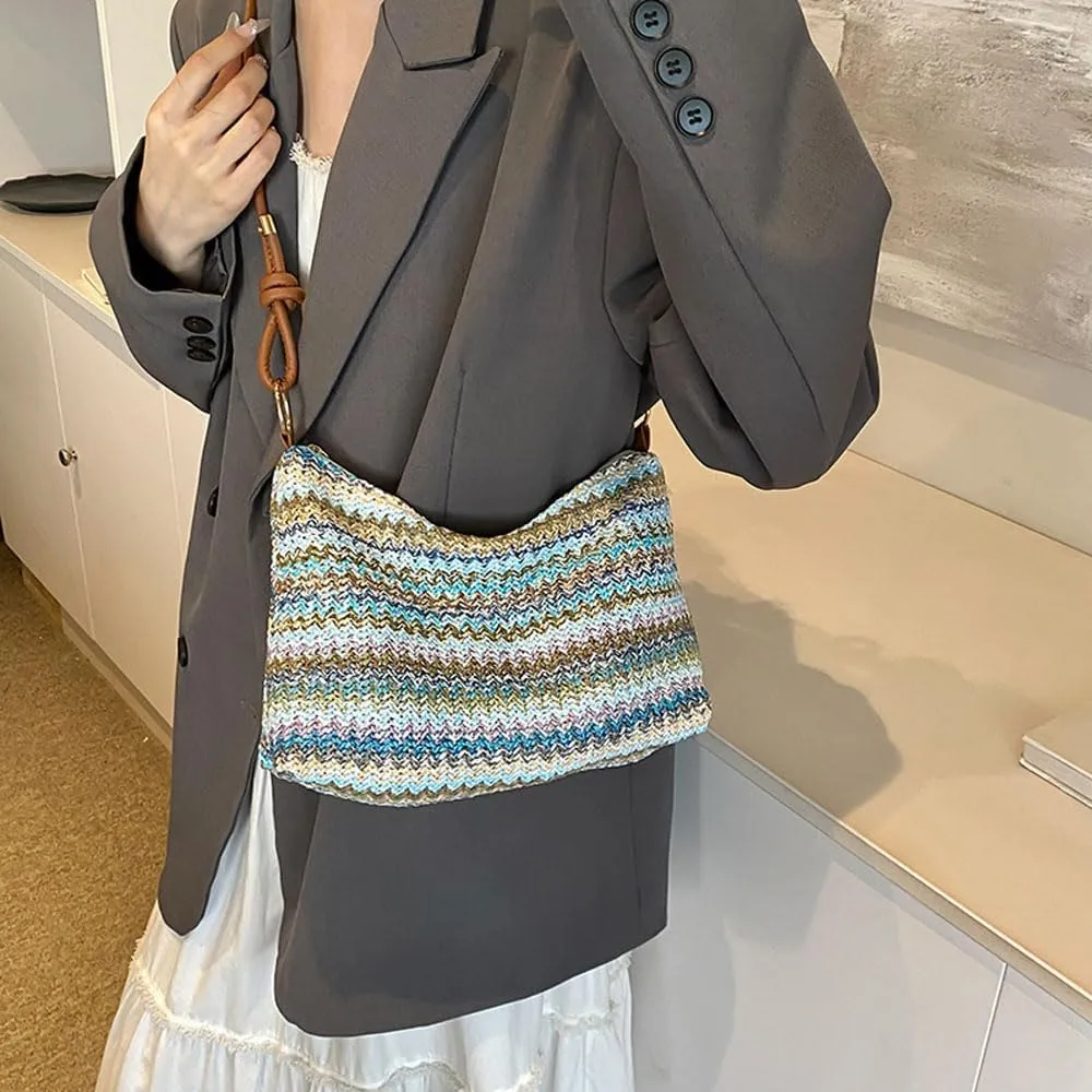 Women's Woven Beach Shoulder Handbag Colorful Straw Tote Bag Summer Vacation Crossbody Bag