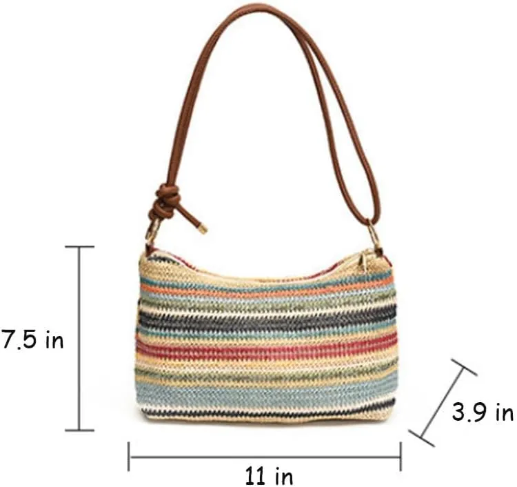 Women's Woven Beach Shoulder Handbag Colorful Straw Tote Bag Summer Vacation Crossbody Bag