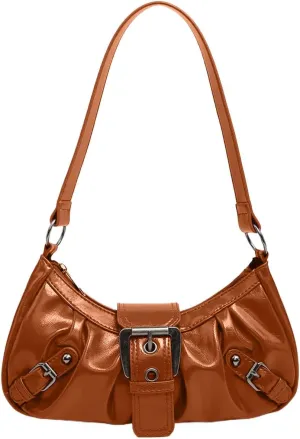 Women's Y2K Hobo Shoulder Bag - Vintage Punk Clutch Black PU Handbag with Zipper & Button Closure, Metal Accents