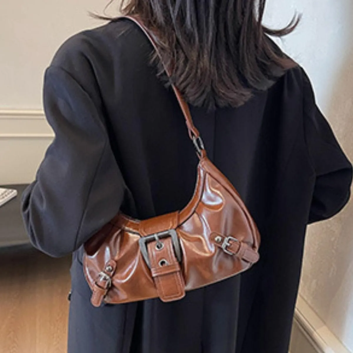 Women's Y2K Hobo Shoulder Bag - Vintage Punk Clutch Black PU Handbag with Zipper & Button Closure, Metal Accents