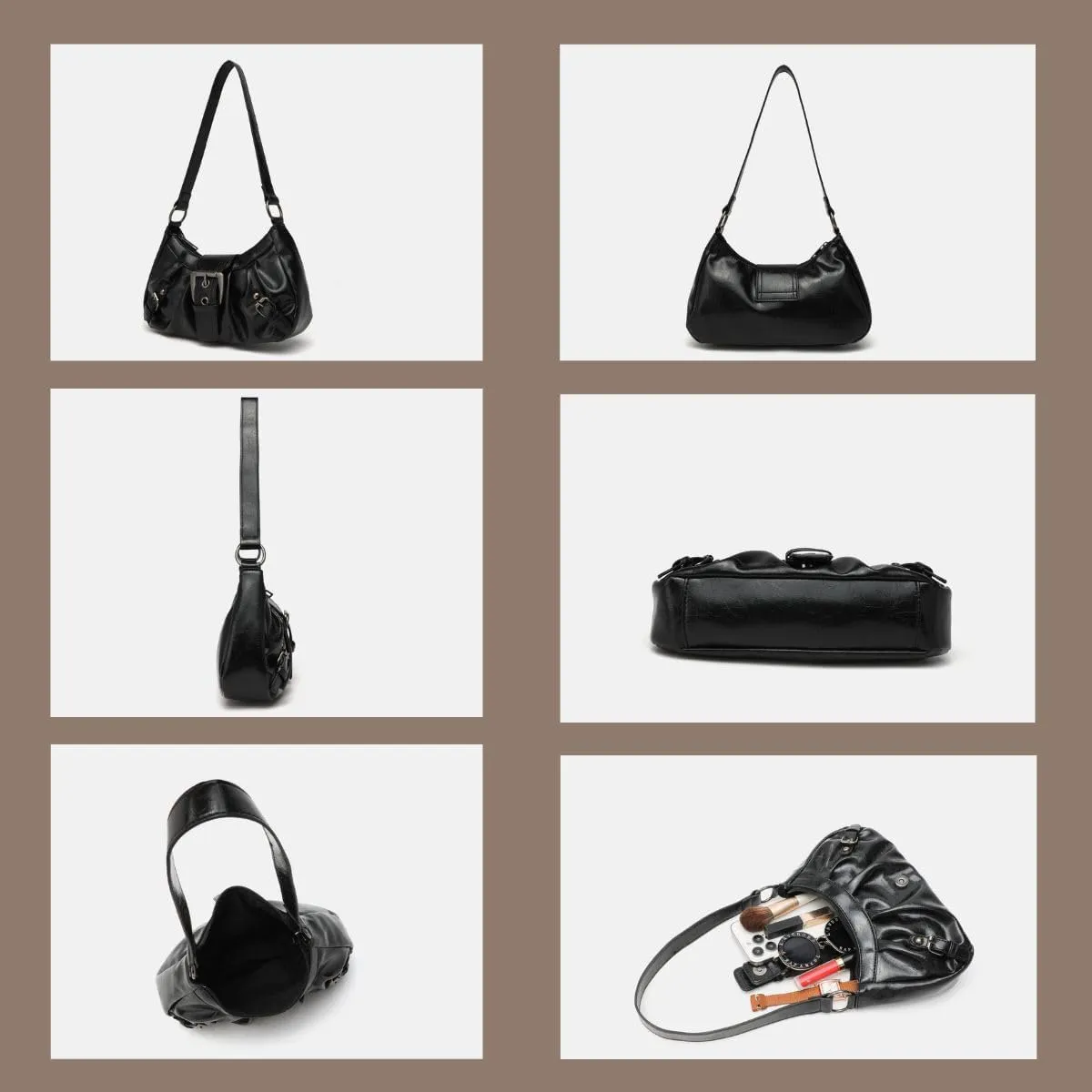 Women's Y2K Hobo Shoulder Bag - Vintage Punk Clutch Black PU Handbag with Zipper & Button Closure, Metal Accents