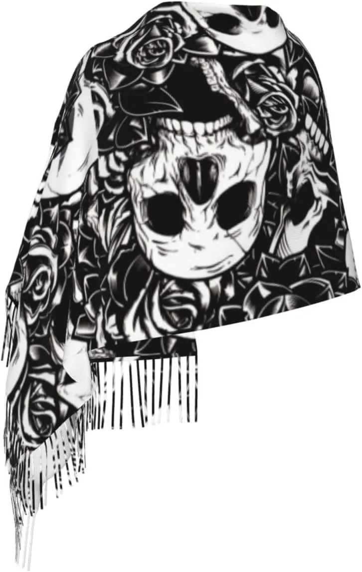WURTON Black Floral Skull Print Cozy Soft Tassel Scarf Women'S Stylish Shawl Scarf Stay Chic Warm In Fall Winter