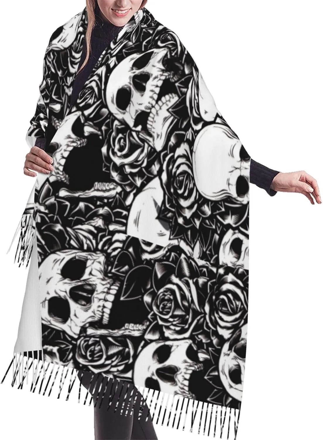 WURTON Black Floral Skull Print Cozy Soft Tassel Scarf Women'S Stylish Shawl Scarf Stay Chic Warm In Fall Winter
