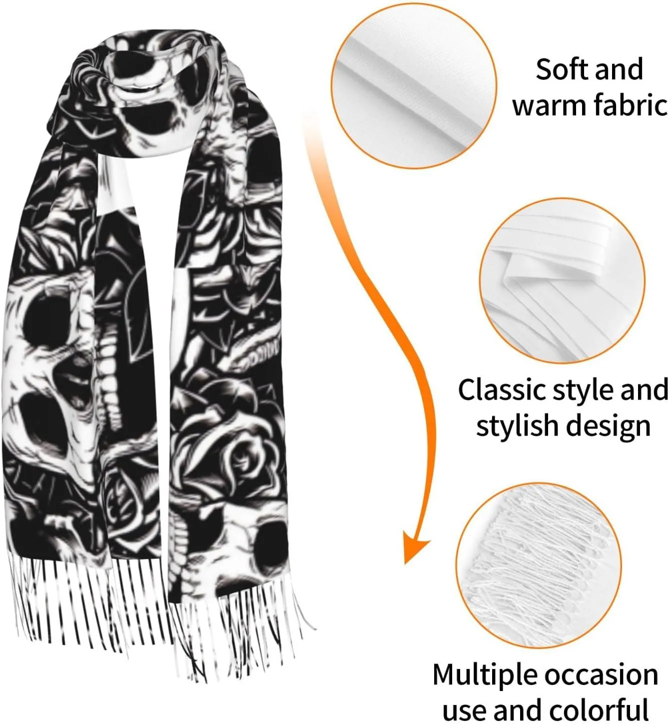 WURTON Black Floral Skull Print Cozy Soft Tassel Scarf Women'S Stylish Shawl Scarf Stay Chic Warm In Fall Winter