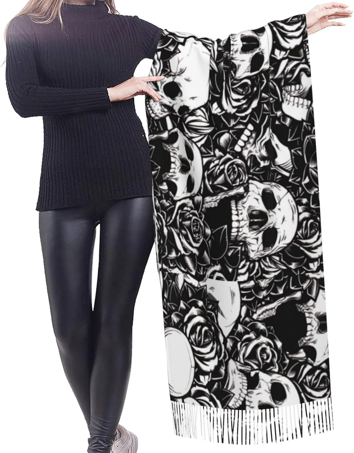 WURTON Black Floral Skull Print Cozy Soft Tassel Scarf Women'S Stylish Shawl Scarf Stay Chic Warm In Fall Winter