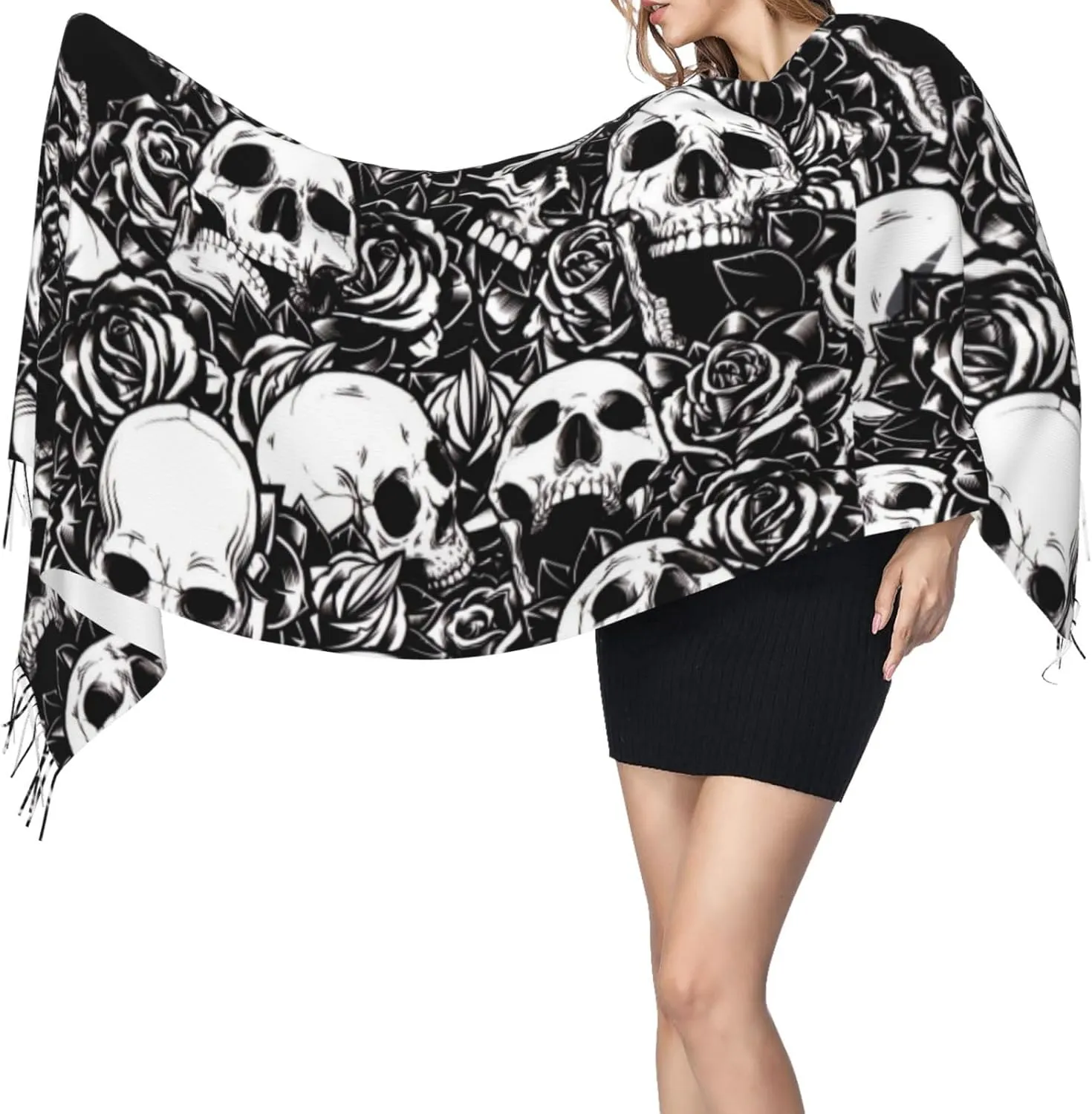 WURTON Black Floral Skull Print Cozy Soft Tassel Scarf Women'S Stylish Shawl Scarf Stay Chic Warm In Fall Winter