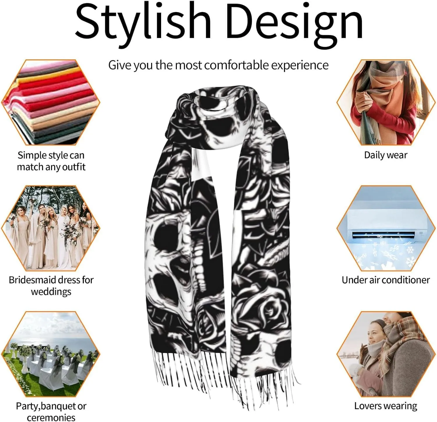 WURTON Black Floral Skull Print Cozy Soft Tassel Scarf Women'S Stylish Shawl Scarf Stay Chic Warm In Fall Winter