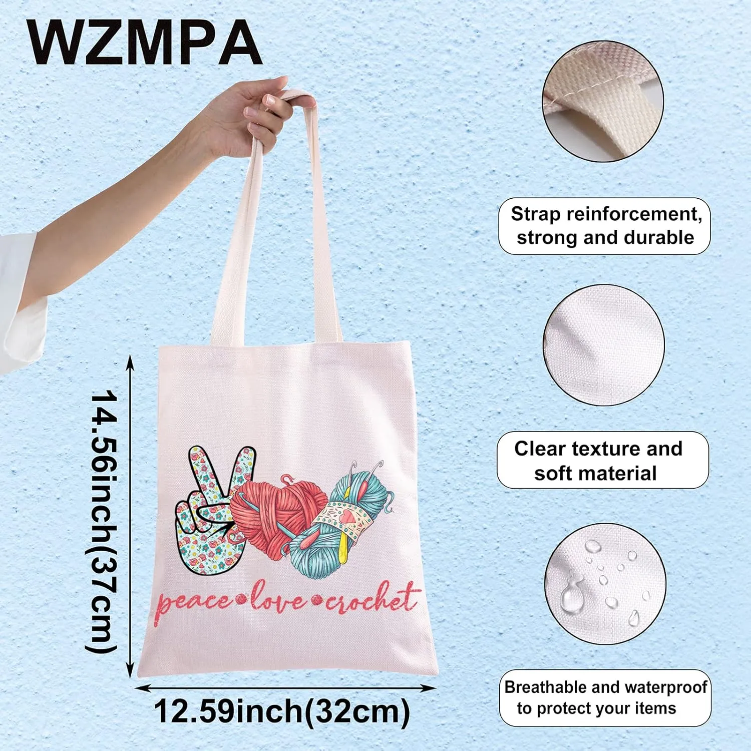 WZMPA Crocheting Lover Cosmetic Bag Crochet Gifts Peace Love Crochet Makeup Zipper Pouch Bag For Women Girls (Peace Crochet Tote)