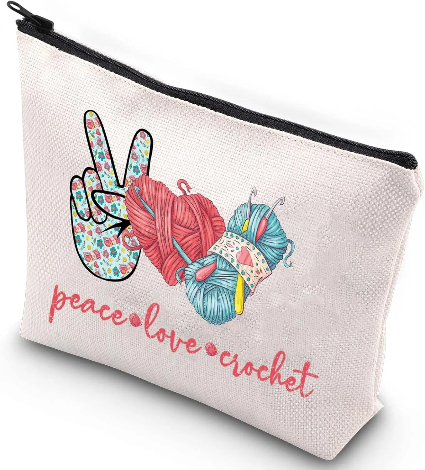 WZMPA Crocheting Lover Cosmetic Bag Crochet Gifts Peace Love Crochet Makeup Zipper Pouch Bag For Women Girls (Peace Crochet)