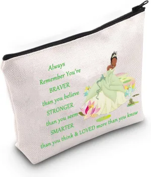 WZMPA Frog Princess Cosmetic Makeup Bag Tiana Princess Fans Gift You Are Braver Stronger Smarter Than You Think Princess Makeup Zipper Pouch Bag (Always frog)