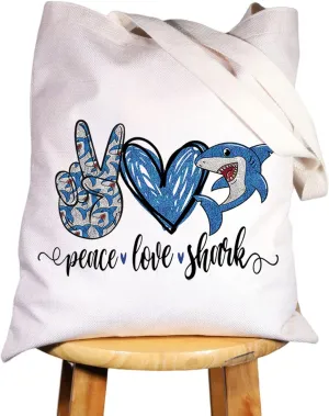 WZMPA Funny Shark Cosmetic Bag Shark Lover Gift Peace Love Shark Makeup Zipper Pouch Bag Animal Lover Gift (Peace Shark Tote)