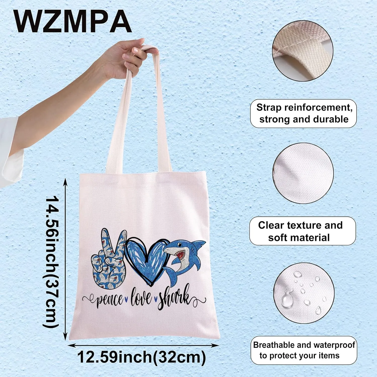 WZMPA Funny Shark Cosmetic Bag Shark Lover Gift Peace Love Shark Makeup Zipper Pouch Bag Animal Lover Gift (Peace Shark Tote)