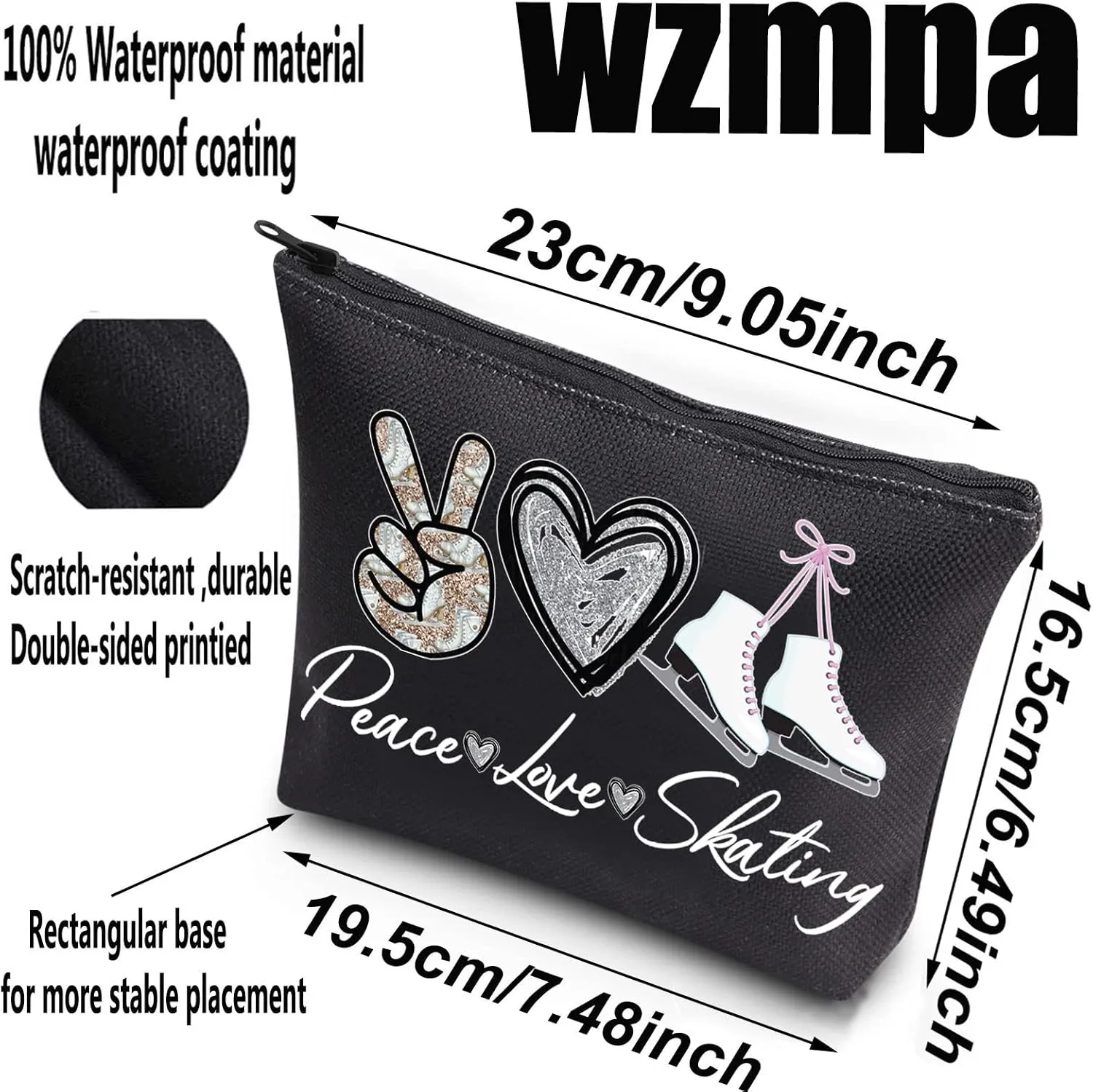 WZMPA Ice Skating Cosmetic Make Up Bag Figure Skating Inspired Gift Peace Love Skating Makeup Zipper Pouch Bag Skating Ice Merchandise (Peace Skating BL)