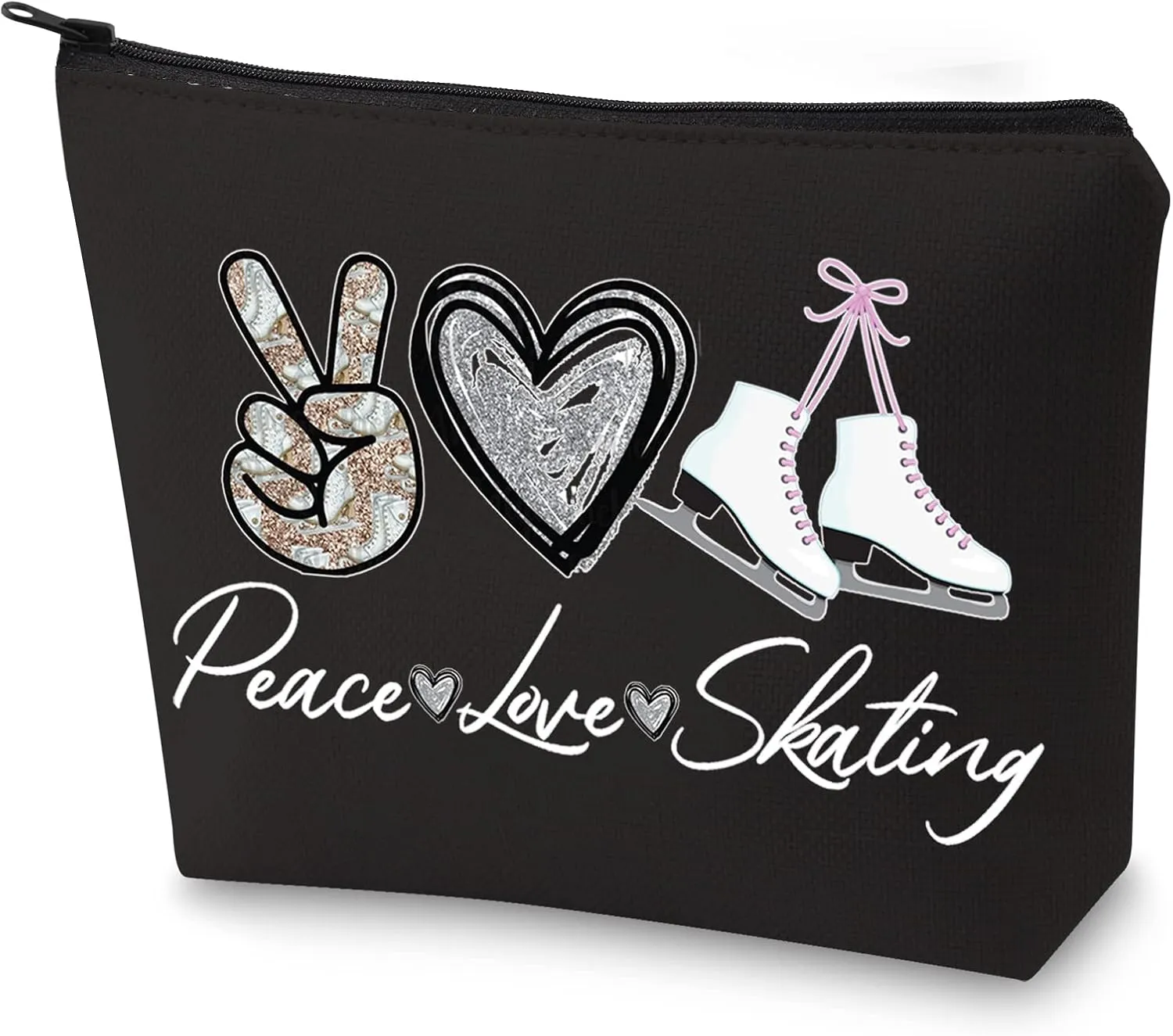 WZMPA Ice Skating Cosmetic Make Up Bag Figure Skating Inspired Gift Peace Love Skating Makeup Zipper Pouch Bag Skating Ice Merchandise (Peace Skating BL)
