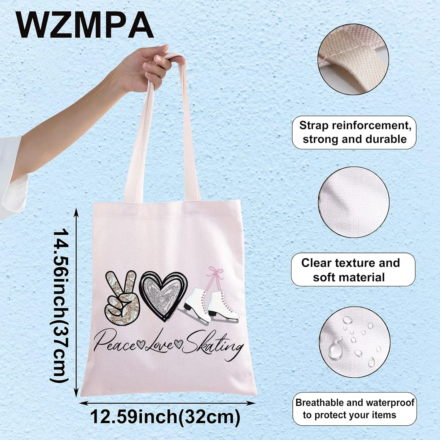 WZMPA Ice Skating Cosmetic Make Up Bag Figure Skating Inspired Gift Peace Love Skating Makeup Zipper Pouch Bag Skating Ice Merchandise (Peace Skating Tote)