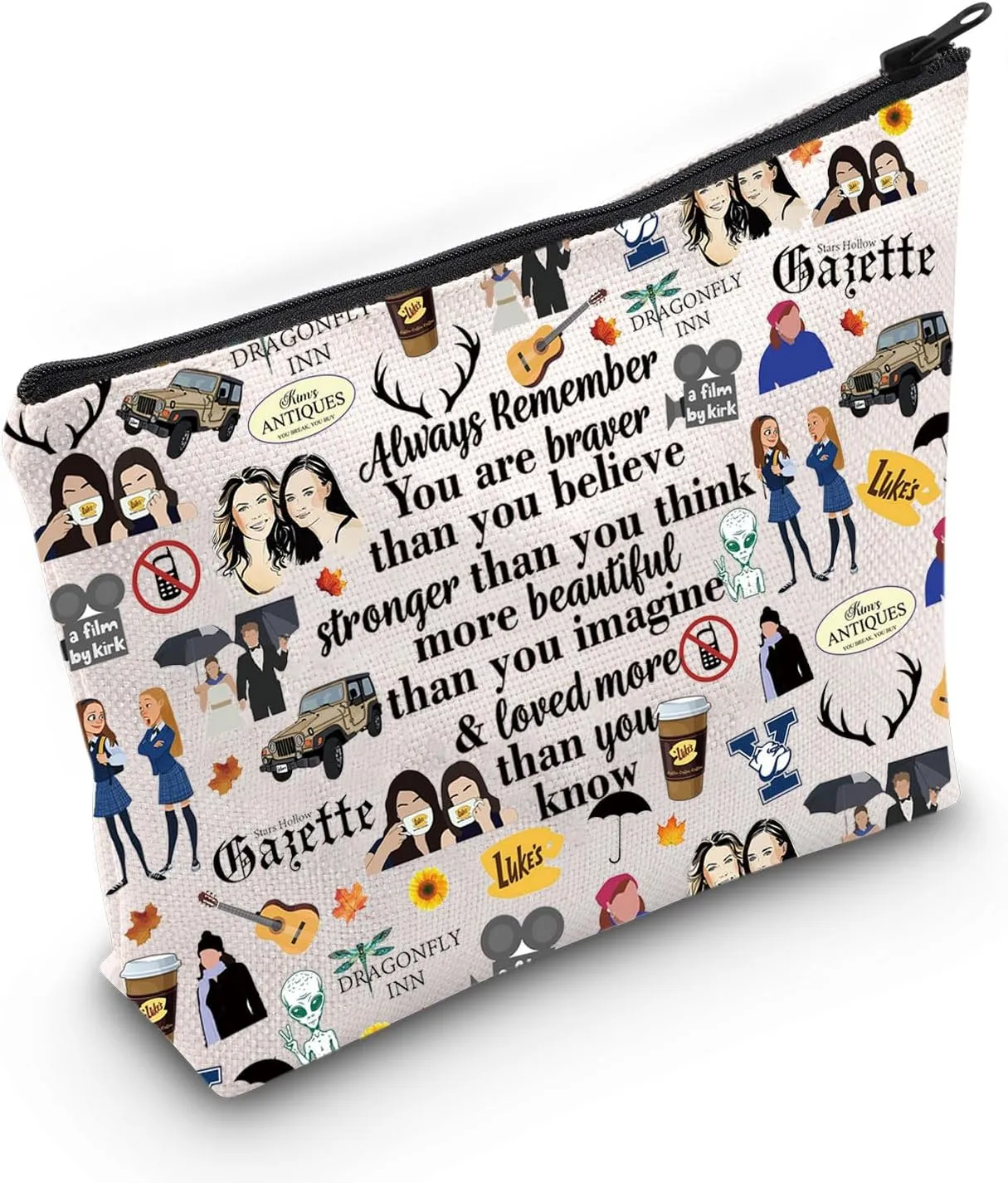 WZMPA Luke's Diner Cosmetic Bag Coffee Inspired Gift You Are Braver Stronger Smarter Than You Think Luke's Diner Makeup Zipper Pouch Bag (Always Gil F)
