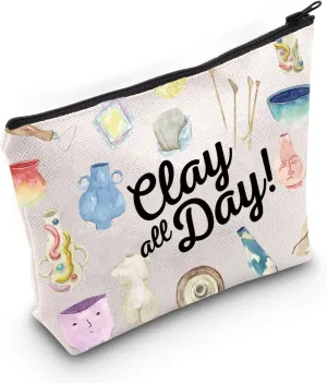 WZMPA Pottery Cosmetic Makeup Bag Ceramic Artist Gift Clay All Day Zipper Pouch Travel Bag For Pottery Teacher Student (Clay All Day)