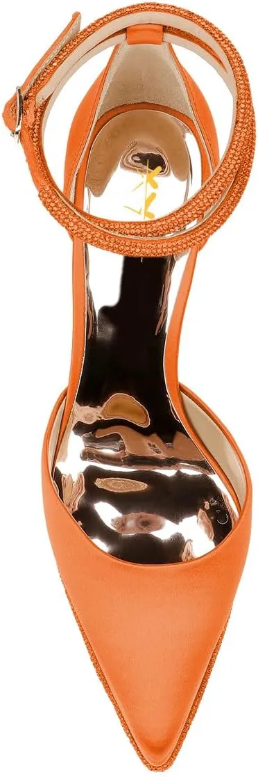 XYD Women's Pointed Toe Platforms Glamorous Crystal Ankle Wrap Strappy Block High Heels D'Orsay Satin Shoes for Evening Party