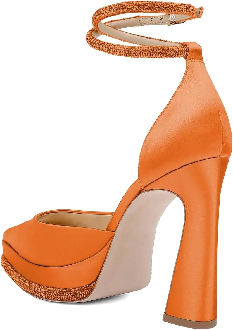 XYD Women's Pointed Toe Platforms Glamorous Crystal Ankle Wrap Strappy Block High Heels D'Orsay Satin Shoes for Evening Party
