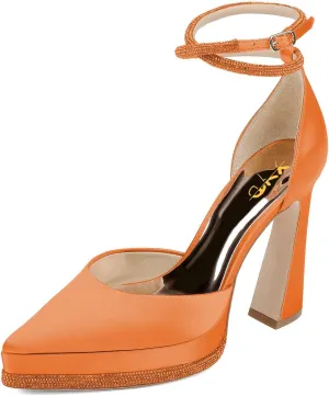 XYD Women's Pointed Toe Platforms Glamorous Crystal Ankle Wrap Strappy Block High Heels D'Orsay Satin Shoes for Evening Party