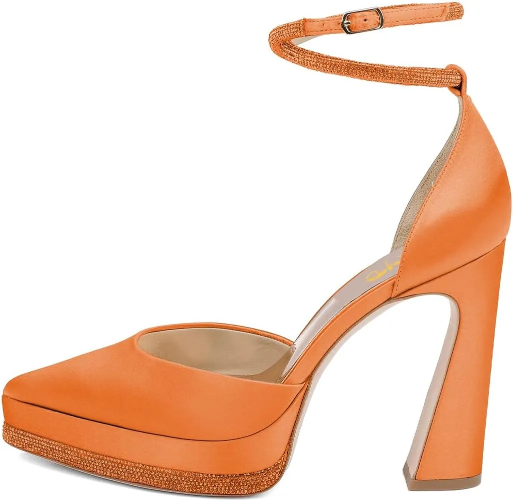 XYD Women's Pointed Toe Platforms Glamorous Crystal Ankle Wrap Strappy Block High Heels D'Orsay Satin Shoes for Evening Party