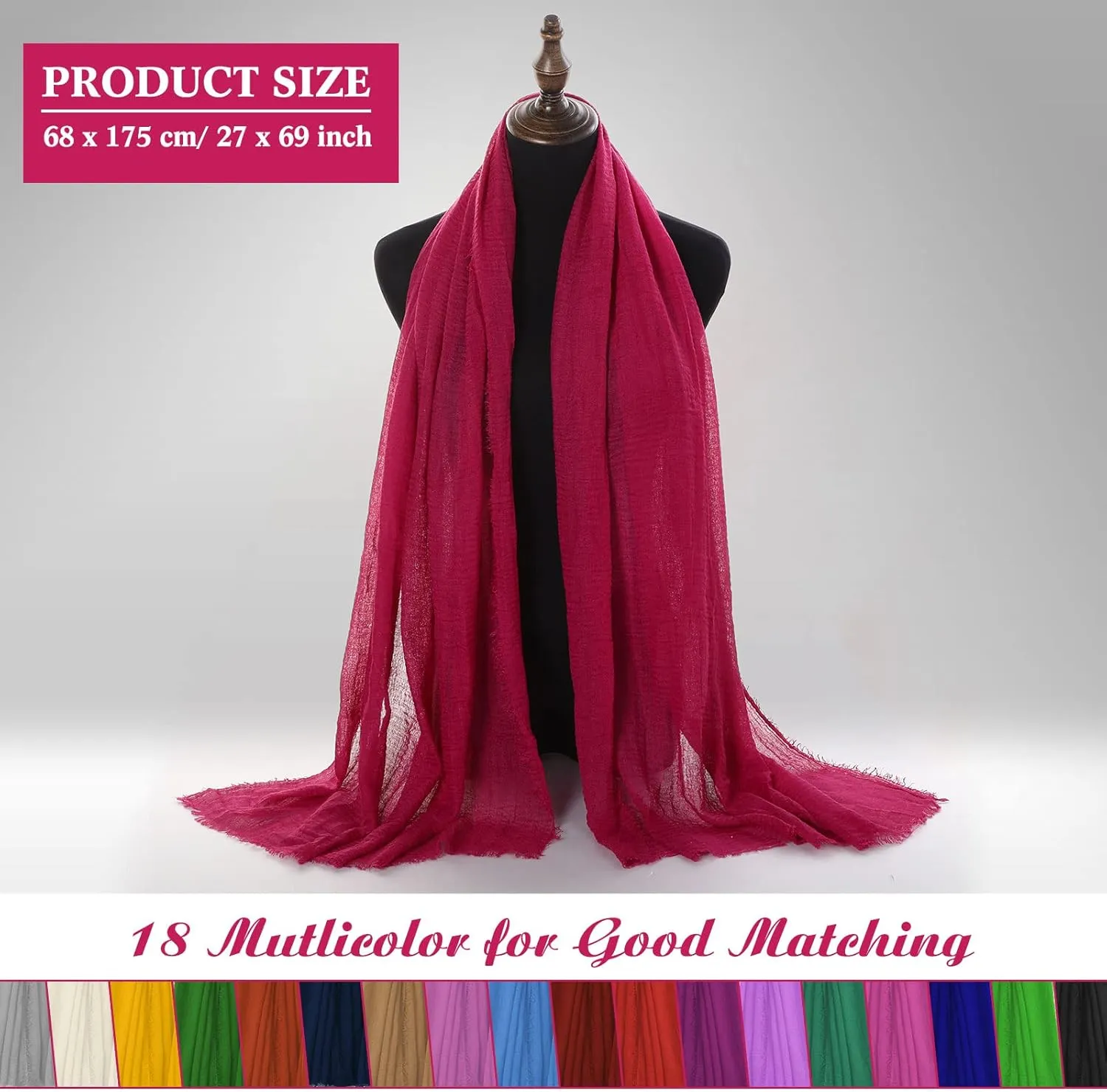 Yahenda 18 Picees Women Scarfs Shawl Hijab Soft Cotton Hemp Long Scarf Head Wraps for Women, 27 x 69 Inches