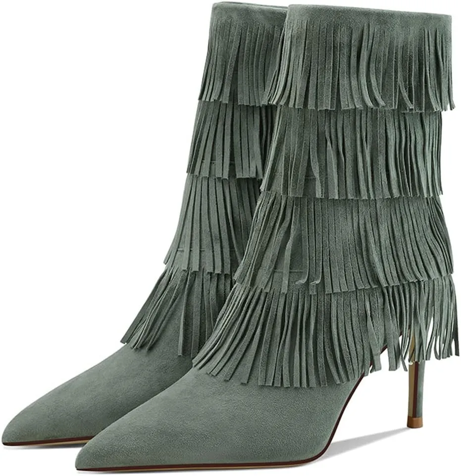 YDN Women Cowgirl Layer Fringe Tassel Stiletto Knee High Heel Boots Side Zipper Long Booties Western Moccasin Boots Size 4-15 US