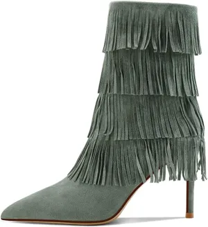 YDN Women Cowgirl Layer Fringe Tassel Stiletto Knee High Heel Boots Side Zipper Long Booties Western Moccasin Boots Size 4-15 US