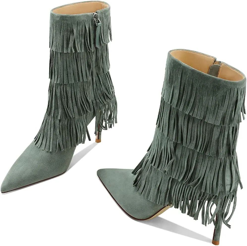 YDN Women Cowgirl Layer Fringe Tassel Stiletto Knee High Heel Boots Side Zipper Long Booties Western Moccasin Boots Size 4-15 US
