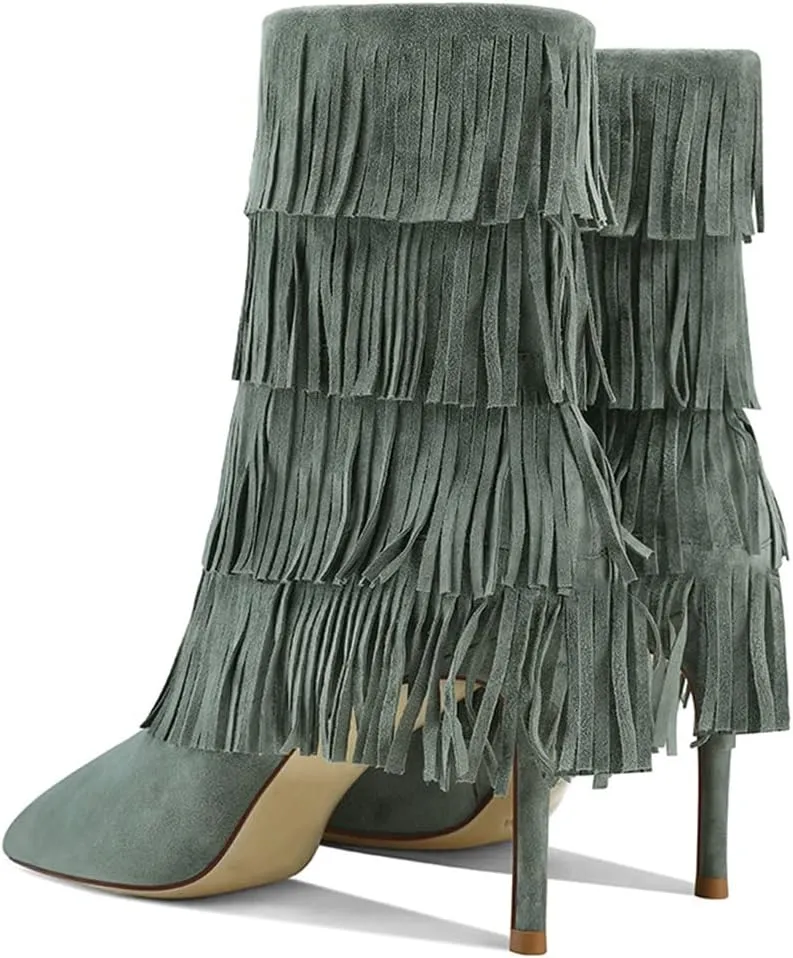 YDN Women Cowgirl Layer Fringe Tassel Stiletto Knee High Heel Boots Side Zipper Long Booties Western Moccasin Boots Size 4-15 US