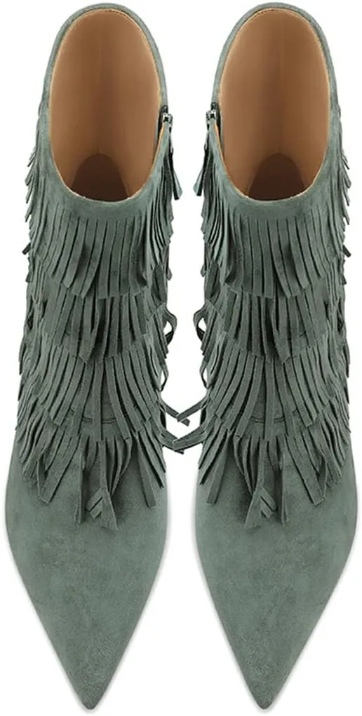 YDN Women Cowgirl Layer Fringe Tassel Stiletto Knee High Heel Boots Side Zipper Long Booties Western Moccasin Boots Size 4-15 US