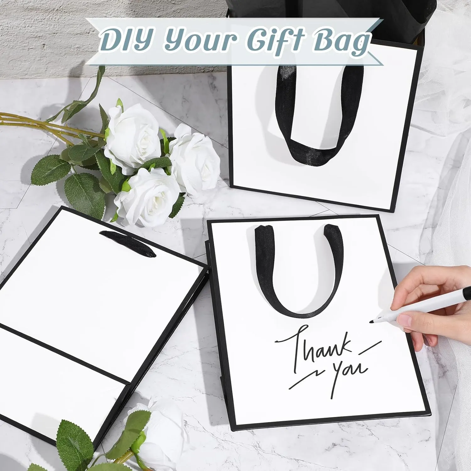 Yeaqee 10 Pack Metallic Paper Gift Bags with Handles Tissue Paper Thank You 5 Senses Gift Bags for Him Her Graduation Baby Shower Wedding Bridal Shower Groomsmen Favor 9 x 7 x 3.15''(White, Black)